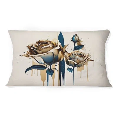 Design Art Roses Flow Flower On Golden Beige Paint Viii - Rose Printed Throw Pillow In Beige;gold