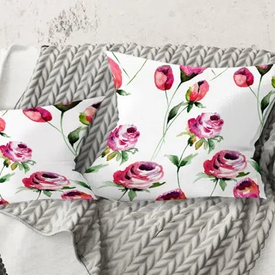 Design Art Roses Flowers Pattern - Mid-century Modernprinted Throw Pillow In Pink