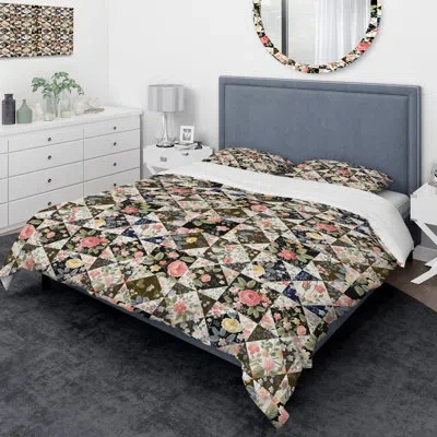 Design Art Roses Geometric Patchwork - Floral Flower Duvet Cover Set - Microfiber Polyester In Pink,black