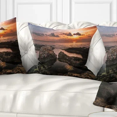 Design Art Rough Coast With Ancient Ruins - Sea & Shore Printed Pillow In Brown;orange