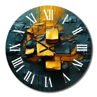 Design Art Rough Love Slavic Abstract In Yellow And Blue Iii Metal Wall Clock In Blue;white;gold