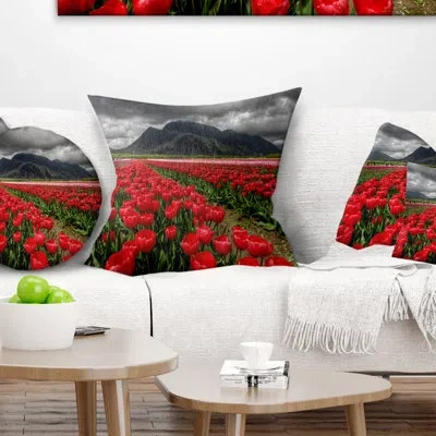 Design Art Rows Of Bright Ruby Red Tulips - Landscape Printed Pillow