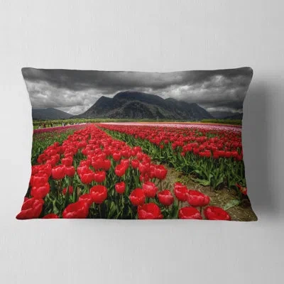 Design Art Rows Of Bright Ruby Red Tulips - Landscape Printed Throw Pillow In Red;red