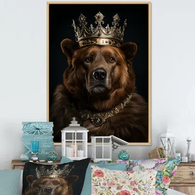 Design Art Royal Bear Crown Portrait Ii - Bear Wall Art In Brown Floater Framed