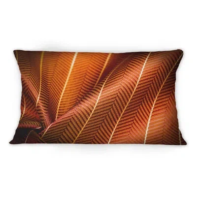 Design Art Ruby Red Fabric With Gold Line Ii - Patterned Printed Throw Pillow 12" X 20"