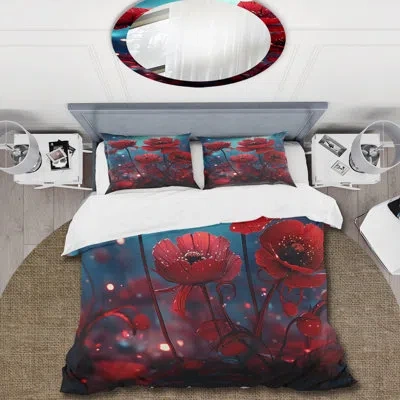 Design Art Ruby Red Poppy Moonlight - Poppies Duvet Cover Set In Blue;red