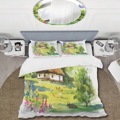 Design Art Rural House In Blossoming Greenland - Traditional Duvet Cover Set - Microfiber Polyester