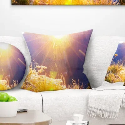 Design Art Rural Meadow Flowers At Sunset - Landscape Printed Pillow In Yellow