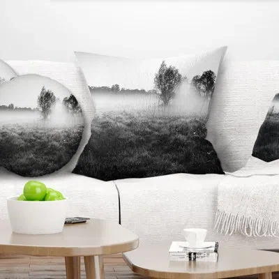 Design Art Rural Meadow In Mist - Landscape Printed Pillow In Blue;black;brown;green;red;yellow