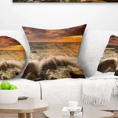 Design Art Rushing Ocean Waves Into Rocks - Sea & Shore Printed Pillow