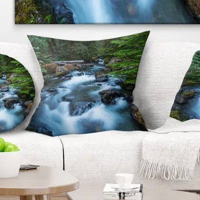 Design Art Rushing Water In Forest Creek - Landscape Printed Pillow In Green