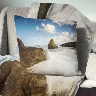 Design Art Rushing Waters Into Rocky Mountains Seashore Photo Pillow In Blue