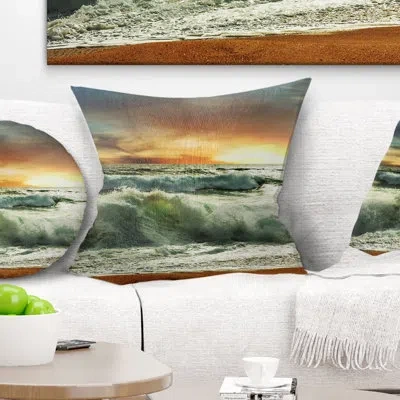 Design Art Rushing Waves In Evening Beach - Sea & Shore Printed Pillow In Blue