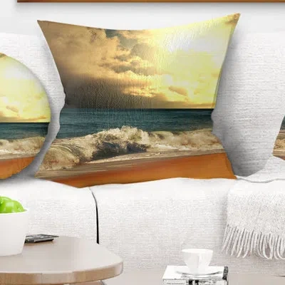 Design Art Rushing Waves Under Cloudy Sky - Sea & Shore Printed Pillow In Yellow