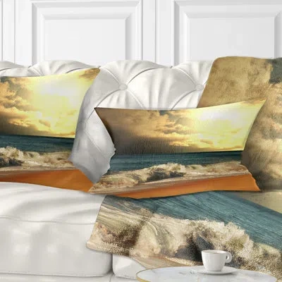 Design Art Rushing Waves Under Cloudy Sky - Sea & Shore Printed Throw Pillow