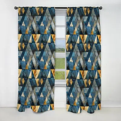 Design Art Rustic Cobalt Triangle Symphony Ii - Abstract Curtain - Blackout Geometric Curtain - 1 Panels In Blue;gold