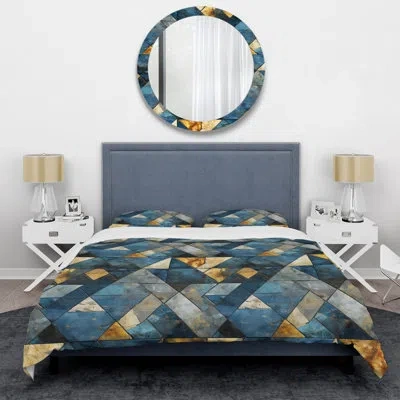 Design Art Rustic Cobalt Triangle Symphony Ii Duvet Cover Set In Blue;gold