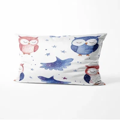Design Art Rustic Lodge Accent Pillow - Blue Pastel Owls Printed Cushion In Blue;red