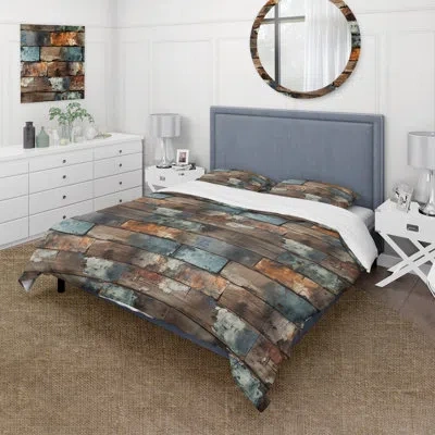 Design Art Rustic Modern Cubic Farmhous Planks I Duvet Cover Set In Brown