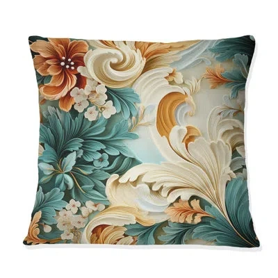 Design Art Rustic Paisley Gold Turquoise Gardens I - Floral Printed Throw Pillow In Green;beige;gold