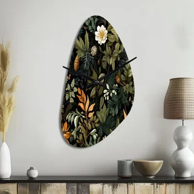 Design Art Rustic Wilderness Cottage Charm - Floral Asymmetrical Metal Wall Clock, Green Unique Shape Metal Clo