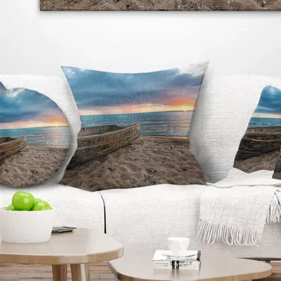 Design Art Rusty Row Boat On Sand At Sunset - Sea & Shore Printed Throw Pillow In Blue;black;brown;green;red;yellow