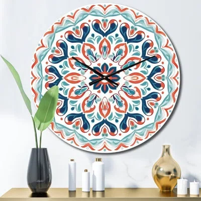 Design Art Sacred Mandala In Retro Blue And Orange I Metal Wall Clock In Blue;white;red