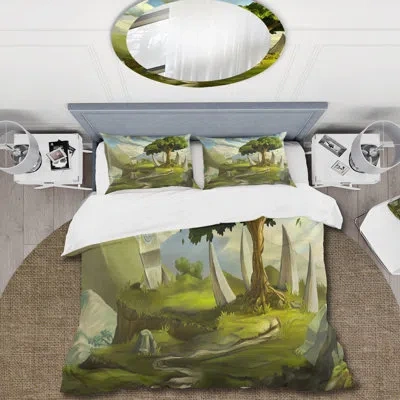Design Art Sacred Tree In A Fantasy Landscape - Traditional Duvet Cover Set - Microfiber Polyester In Green