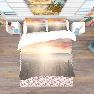 Design Art Saguaro Cactus At Colorful Sunset - Landscape Duvet Cover Set - Microfiber Polyester In White