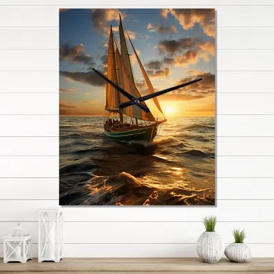 Design Art Sail Boat At Sunset Ii - Nautical & Beach Wall Clock Oversized In Black;yellow