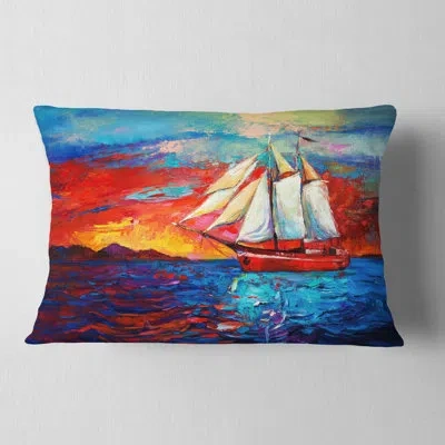 Design Art Sail Ship During Sunset - Sea & Shore Printed Throw Pillow
