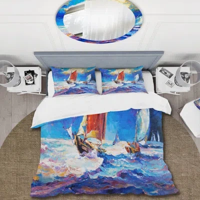 Design Art Sail Ships On The Ocean Waves During Sunset - Nautical Duvet Cover Set - Microfiber Polyester In Blue