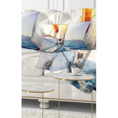 Design Art Sailboat Sailing In The Blue Sea - Sea & Shore Printed Throw Pillow