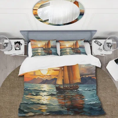Design Art Sailboat Surreal Voyage Beddingmicrofiber / Polyester Duvet Cover Set In Blue;orange