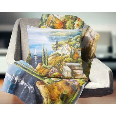 Design Art Sailing Boat Remote View - Sea & Shore Printed Pillow In Blue;green