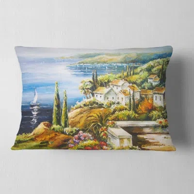 Design Art Sailing Boat Remote View - Sea & Shore Printed Throw Pillow In Blue;green