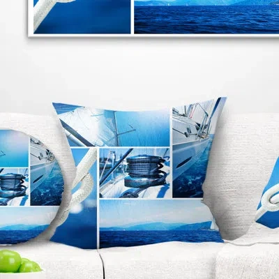 Design Art Sailing Yacht In Blue Sea Collage - Sea & Shore Printed Pillow