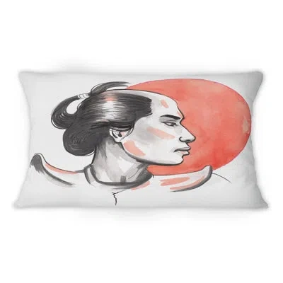 Design Art Samurai Warrior And Red Sun - Mid-century Modern Printed Throw Pillow 1