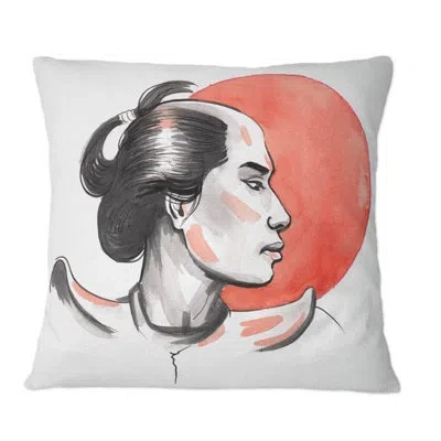 Design Art Samurai Warrior And Red Sun - Mid-century Modern Printed Throw Pillow