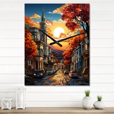 Design Art San Francisco City At Orange Sunset - Cityscapes Wall Clock Oversized In Yellow;orange