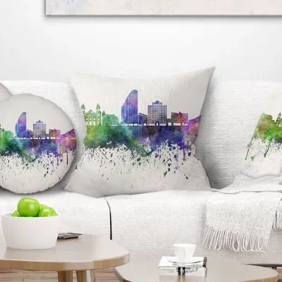 Design Art San Jose Skyline - Cityscape Printed Throw Pillow In Yellow;purple