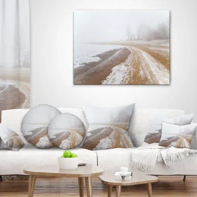 Design Art Sandy Beach In The Winter Fog - Sea & Shore Printed Pillow In White