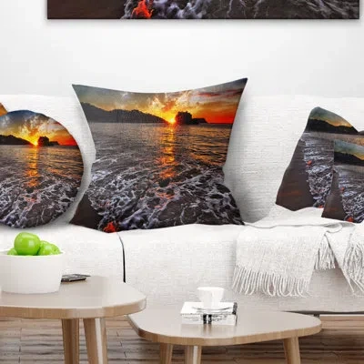Design Art Sandy Beach With Lovely Waves - Sea & Shore Printed Pillow In Red