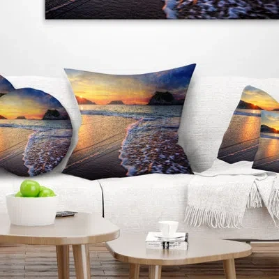 Design Art Sandy Beach With Rush Waves - Sea & Shore Printed Pillow In Orange