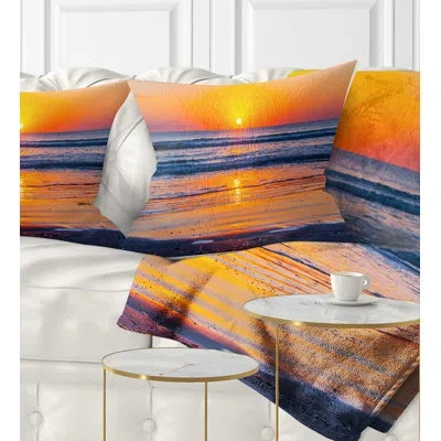Design Art Sandy Sea Beach In Early Morning - Sea & Shore Printed Throw Pillow In Blue