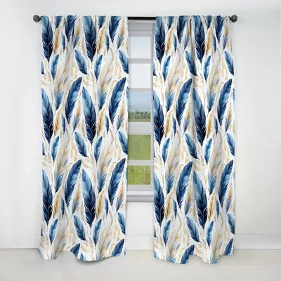 Design Art Sapphire Blue Dove Feathers I - Abstract Boho Curtain - Blackout Abstract Curtain - 1 Panels In Blue;gold
