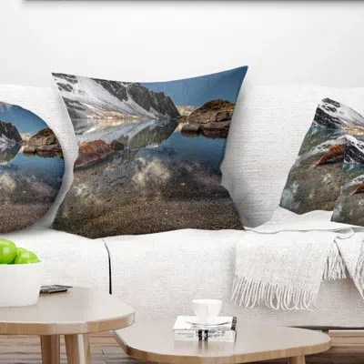 Design Art Sapphire Mountain Lake View - Landscape Printed Pillow In White