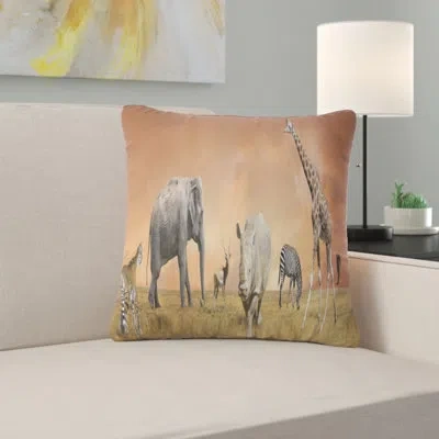 Design Art Savannah Wildlife Panorama - Animal Printed Pillow In Orange