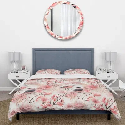 Design Art Scandinavian Avian Elegance Serenity Blossoms Duvet Cover Set In Gray;pink