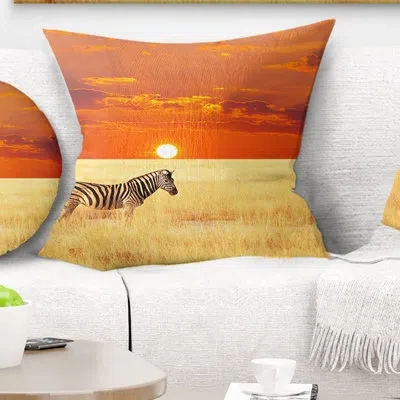Design Art Scenic African View With Zebra - Landscape Printed Pillow In Orange